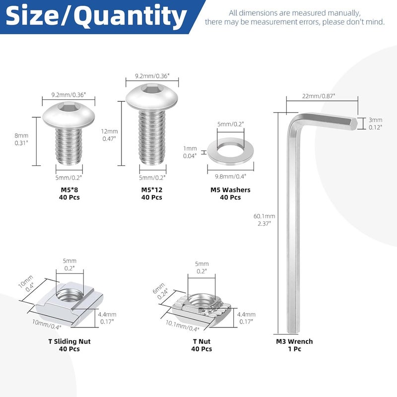 Glarks 201pcs M5 T Slot Nut and Button Head Socket Cap Screw Kit for 2020 Series Aluminum Extrusion, 40pcs 2020 Series T Nut and 40pcs T Sliding Nut, 80pcs Hexagon Socket Screw with 40pcs Flat Washers - Image 2